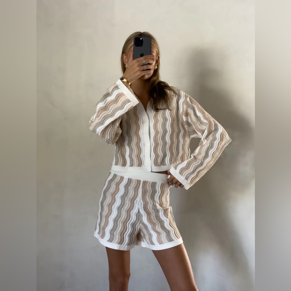 Striped Wavy Knit Button-Down Top in Beige and White Swim CoverUp